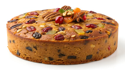 A classic fruit cake with a rich, moist texture, packed with dried fruits and nuts, isolated on a clean white background.