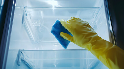 Hand Wearing Yellow Glove Cleaning Interior of Empty Refrigerator with Blue Sponge to Maintain Freshness and Hygiene in Kitchen Environment