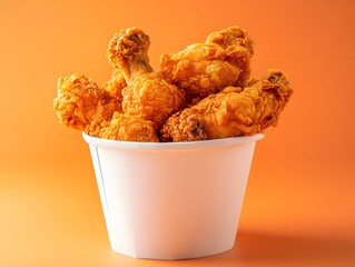 Crispy fried chicken in a classic white paper bucket. Juicy fried chicken in a white bucket.