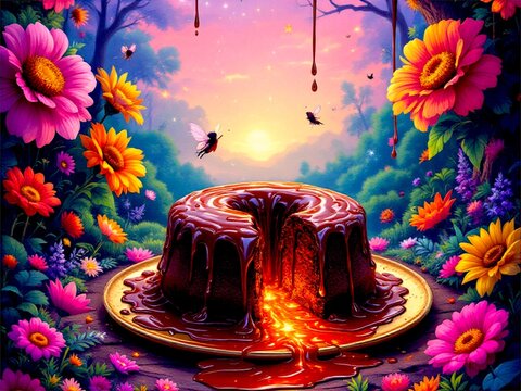 Chocolate Lava cake with background of colorful flowers symbolize joy and happiness