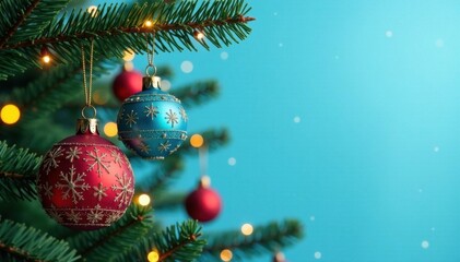 Obraz premium Hanging Christmas tree ornaments in a blue sky, blue background, ornaments