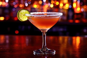 A cosmopolitan cocktail in a sugar-rimmed glass with lime garnish sits on a bar top with a blurred colorful background, perfect for happy hour or a night out.