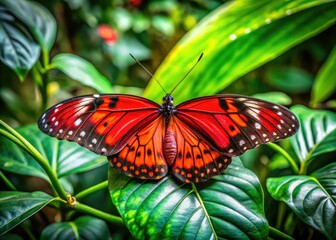 Naklejka premium Discover Red Butterfly Botanical Garden: lush indoor plants, captivating insect photography, expertly composed.