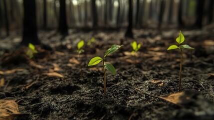 the process of forest regeneration after a fire, with plants starting to grow back in the ashes