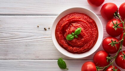 Fresh homemade tomato paste in a white bowl, garnished with basil leaves, surrounded by ripe tomatoes on a rustic white wooden table. Perfect for Italian cuisine, pasta, pizza, and healthy meals