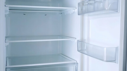 Empty Interior of a Modern Refrigerator Showcasing Clear Shelves and Minimalistic Design Aesthetics in a Bright Kitchen Environment