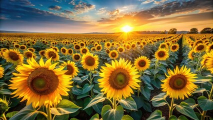 Fototapeta premium Drone's-eye view: vibrant yellow sunflowers burst across a sun-drenched field under a brilliant blue summer sky.