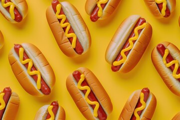 Colorful hot dogs with mustard arranged on a bright yellow background create a fun and vibrant food pattern perfect for summer gatherings or picnics
