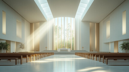A serene and contemporary church interior, modern architectural lighting casting soft ambient glows, an elegant and sacred space