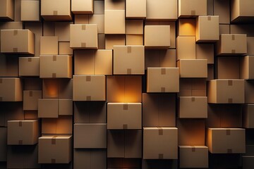 a collection of neatly arranged cardboard moving boxes stacked in geometric patterns with warm lighting creating subtle shadows and depth against a minimalist background