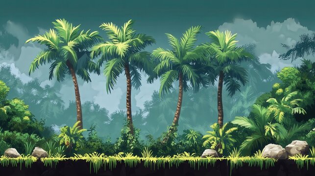 tropical jungle scene where rain trees stand tall alongside other lush vegetation.