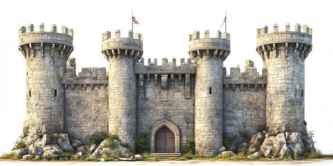 Medieval fortified stone wall featuring towers and loopholes for defense and observation. Header banner mockup with copy space.