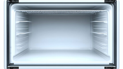 Fototapeta premium Empty Modern Refrigerator Interior with Bright Lighting and Clean Lines Showcasing Spacious Storage in a Minimalist Kitchen Environment