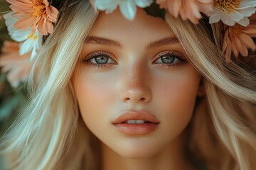 Naklejka premium Portrait of a young woman with a floral crown surrounded by natural greenery during golden hour