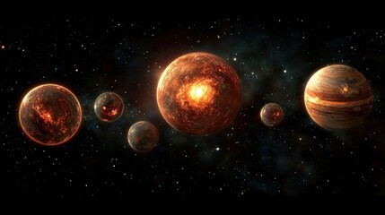 A captivating scene of glowing spheres aligned in the vast universe, suggesting a cosmic dance or celestial alignment displaying vibrant, fiery colors.