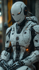 Fototapeta premium A highly advanced humanoid AI robot working in an industrial environment, wearing a futuristic work suit, mechanical arms with precision tools, advanced robotics technology