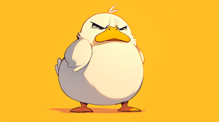Cartoon duck with an angry expression standing against a bright yellow background, showcasing its plump figure