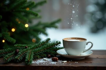 Fresh fir branches and hot cocoa on a wooden table, winter, forest