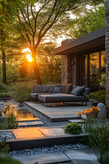 Photographie immobili&egrave;re d&rsquo;un petit coin de jardin de maison moderne priv&eacute; avec un espace d&eacute;tente zen et cosy, des dalles de pierres sculpt&eacute;es et du mobilier de jardin cocooning. rendu 3D, id&eacute;es d&eacute;co