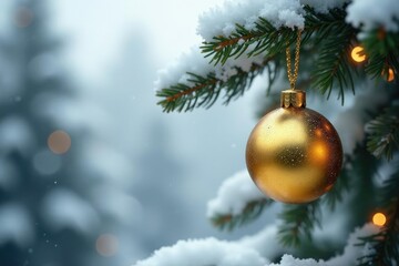Obraz premium Golden ornament ball chain hanging from the ceiling above a snow-covered tree, pendant light, wintery scene, christmas tree