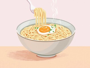 A bowl of noodles with an egg in it
