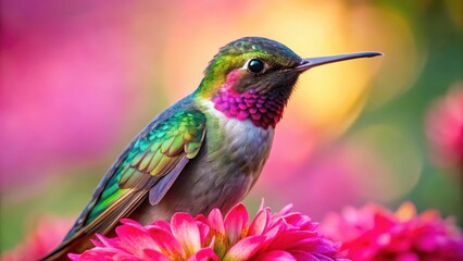 Fototapeta premium A close-up portrait of a rare and colorful hummingbird perched on a bright pink flower, its iridescent feathers glowing in the sunlight, blue, hummingbird