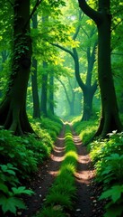 Fototapeta premium Lush green road amidst dense foliage, with vines and creepers wrapped around trees, tree roots, wilderness, overgrown