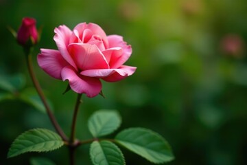 Pink rose blooming in a lush green environment, blooming, garden