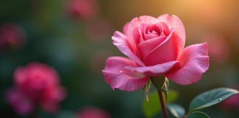 Pink rose bud softly unfolding in morning dew, flower bed, petals