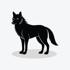 A black and white fox animal silhouette on white background.