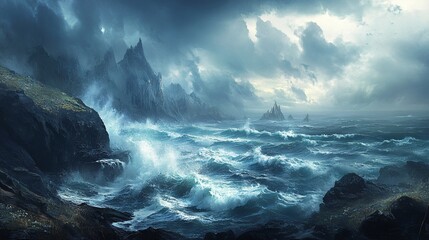 Majestic Seascape: Powerful Waves Crashing Against Rugged Coastal Cliffs
