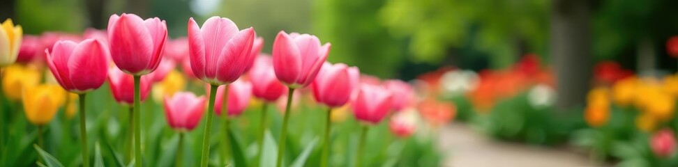 Fototapeta premium Pink tulips in a garden with greenery and flowers, nature, gardening