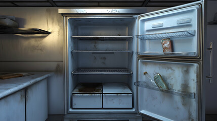 Neglected Kitchen Fridge with Spoiled Food and Grime in a Dimly Lit Room Depicting Disorganization and Uncleanliness