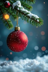 Single glittery red bauble hanging from a Christmas tree branch with a star, garlands, winter wonderland, bauble