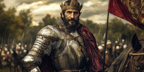 King Charles V of Spain prepares for the Battle of Muhlberg in a dramatic historical depiction. Header banner mockup with copy space.