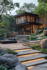 Photographie immobili&egrave;re d&rsquo;un petit coin de jardin de maison moderne priv&eacute; avec un espace d&eacute;tente zen et cosy, des dalles de pierres sculpt&eacute;es et du mobilier de jardin cocooning. rendu 3D, id&eacute;es d&eacute;co