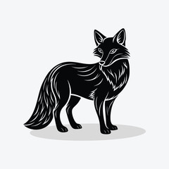 A black and white fox animal silhouette on white background.
