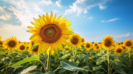 Fototapeta premium Golden Blooms: Stunning Sunflower Field in Full Bloom beneath a Summer Sky
