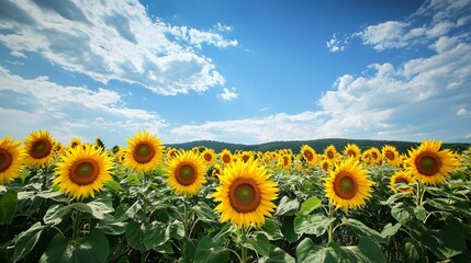 Fototapeta premium Golden Beauty: Stunning Sunflower Field in Full Bloom Captured Under a Bright Summer Sky