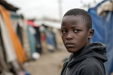 Fototapeta premium Focused portrait of a young boy looking directly at the