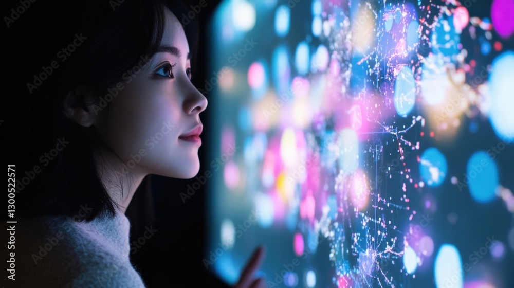 Poster businesswoman interacting with a futuristic digital interface, exploring colorful data visualization