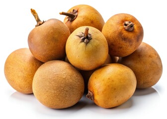 High-resolution aerial drone shot: a close-up, fresh, organic sapodilla isolated on white.
