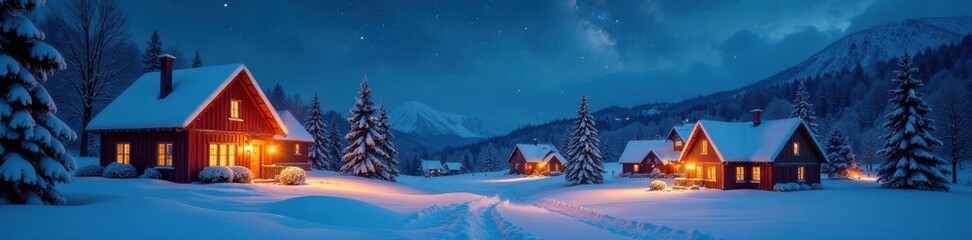 Snowy landscape with illuminated Christmas houses,, winter, festive