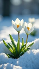 Fototapeta premium White flowers blooming through snow-covered ground, nature, wildflowers, frost