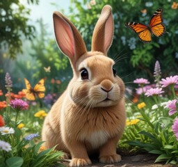 Adorable rabbit in a garden with flowers and butterflies, bunny, butterflies