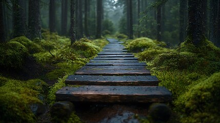 Misty forest path with wooden boardwalk