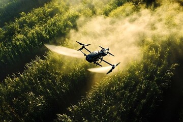 Fototapeta premium Modern agriculture utilizes drones for precision spraying of pesticides on vast green fields, enhancing efficiency and crop protection during the golden hour of sunset
