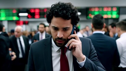 A young stockbroker in a suit looks concerned while talking on his phone in a busy stock market. - Powered by Adobe