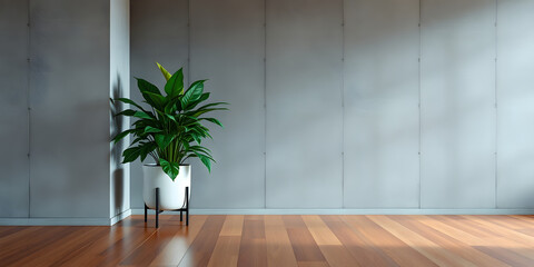 minimalist mockup of a white wall adorned with a vibrant green plant on a polished wood floor,split-color background wall creating a lively and cheerful atmosphere of modern interior design.
