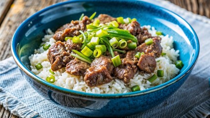 Delicious bowl of rice topped with savory meat and green onions